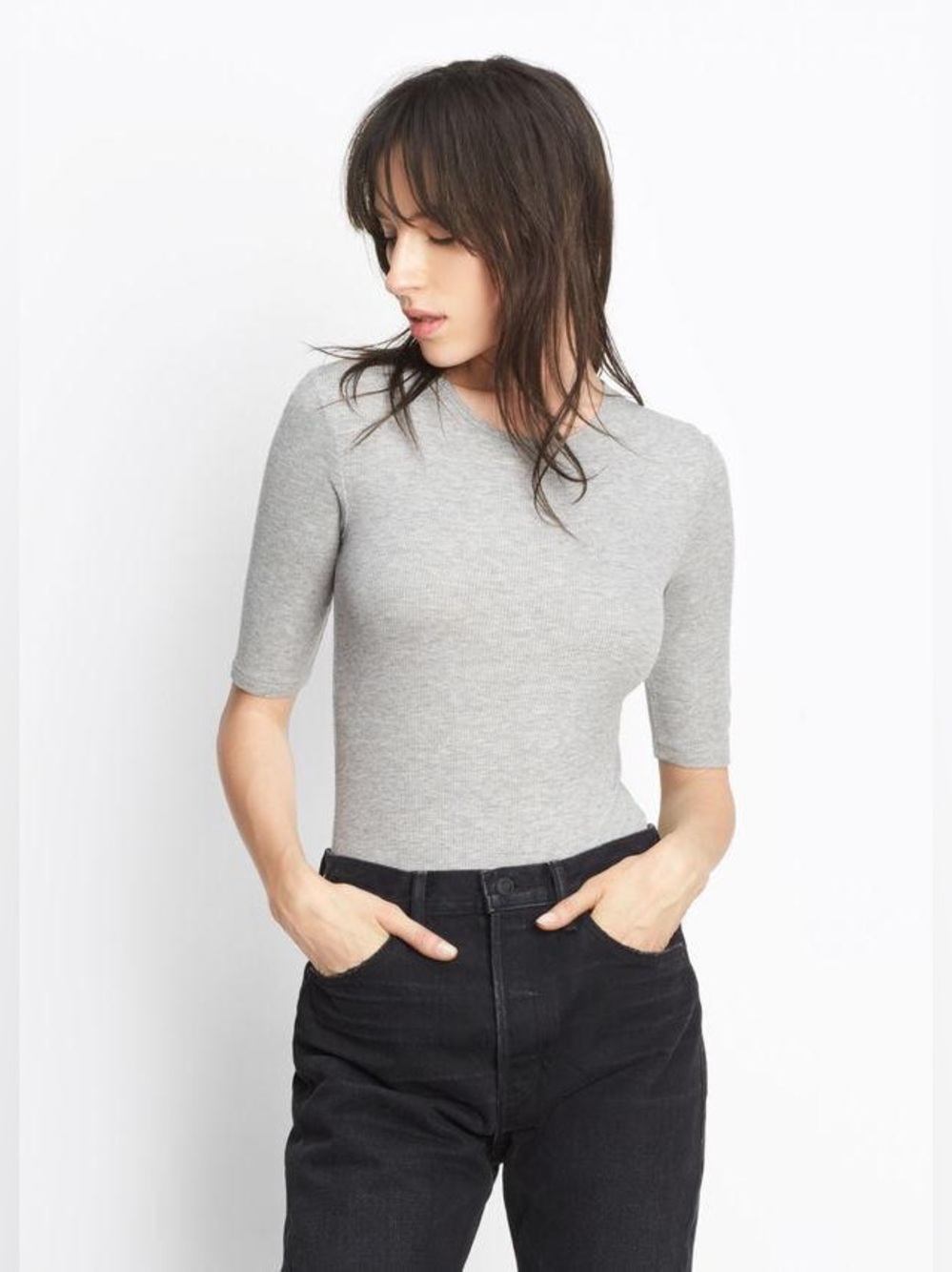 Vince Elbow Sleeve Bodysuit Ribbed Heather Gray Size Large